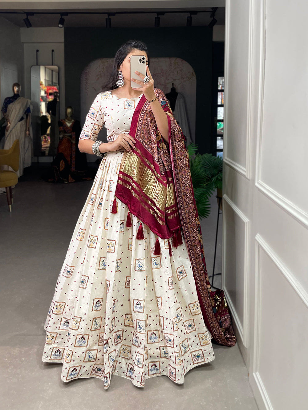 Square Design Sequins And Thread Embroidery Work Khadi Cotton Traditional lehenga Choli Clothsvilla Main image
