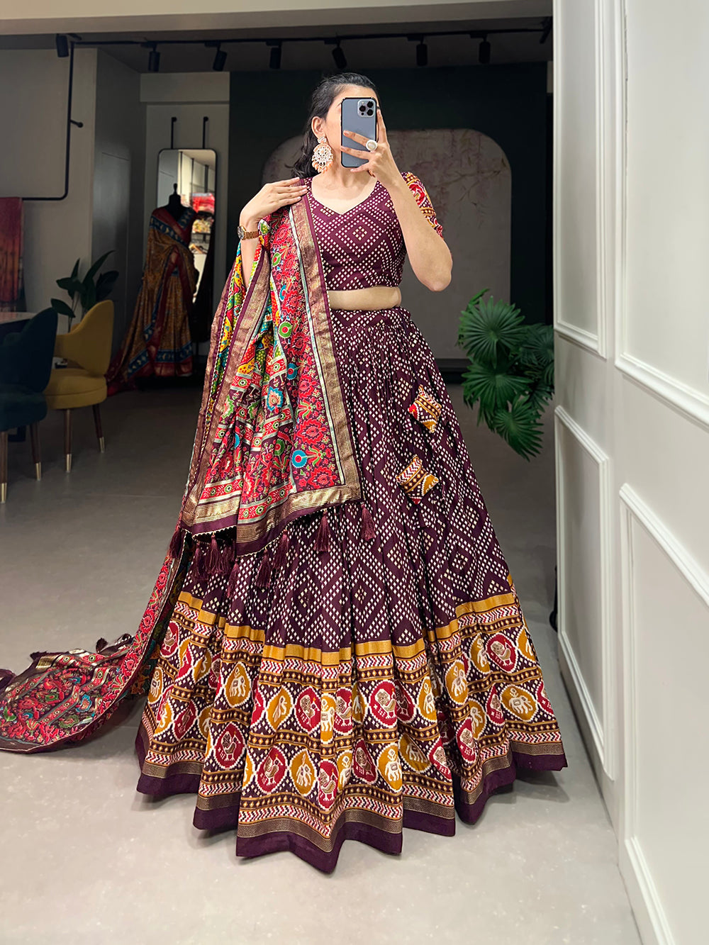 Wine Color Bandhej And Patola Print With Foil Work Tussar Silk Lehnga Choli Clothsvilla