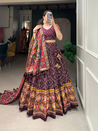 Wine Color Bandhej And Patola Print With Foil Work Tussar Silk Lehnga Choli Clothsvilla