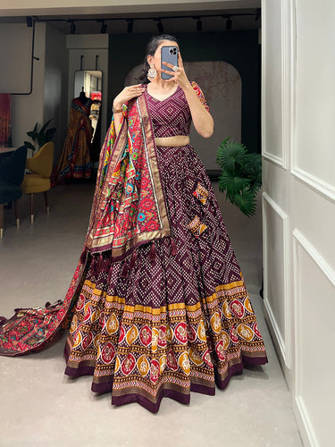 Wine Color Bandhej And Patola Print With Foil Work Tussar Silk Lehnga Choli Clothsvilla