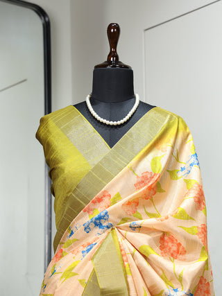 Yellow Color Digital Printed Handloom Kotha Border Saree Clothsvilla