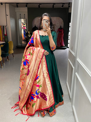 Green Color Plain With Zari Weaving Work Patta Chinon Dress Clothsvilla