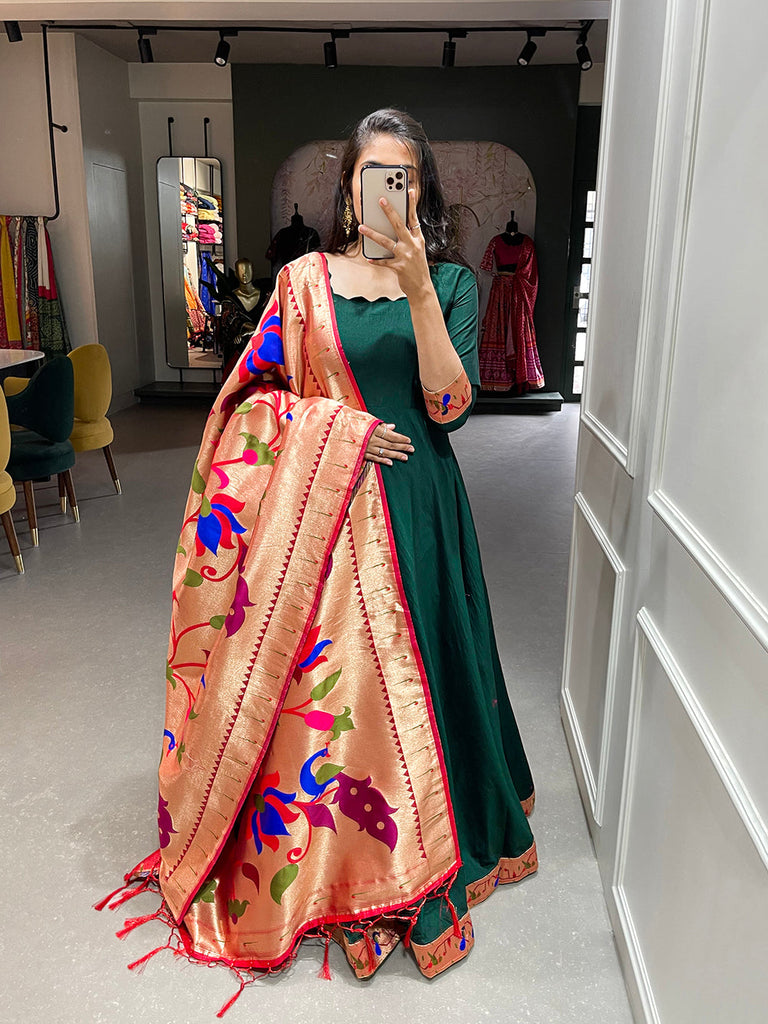 Green Color Plain With Zari Weaving Work Patta Chinon Dress Clothsvilla