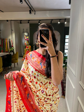 White Color Patola Paithani Printed with Foil Work Dola Silk Saree Clothsvilla