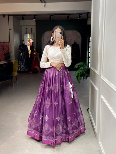 Purple Color Digital Print Cora Chex Zari Border Co-Ord Set Lehenga Choli ClothsVilla.com