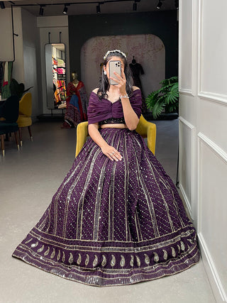 Wine Color Sequins and Embroidery Thread Work Georgette Co-Ord Set Lehenga Choli ClothsVilla.com