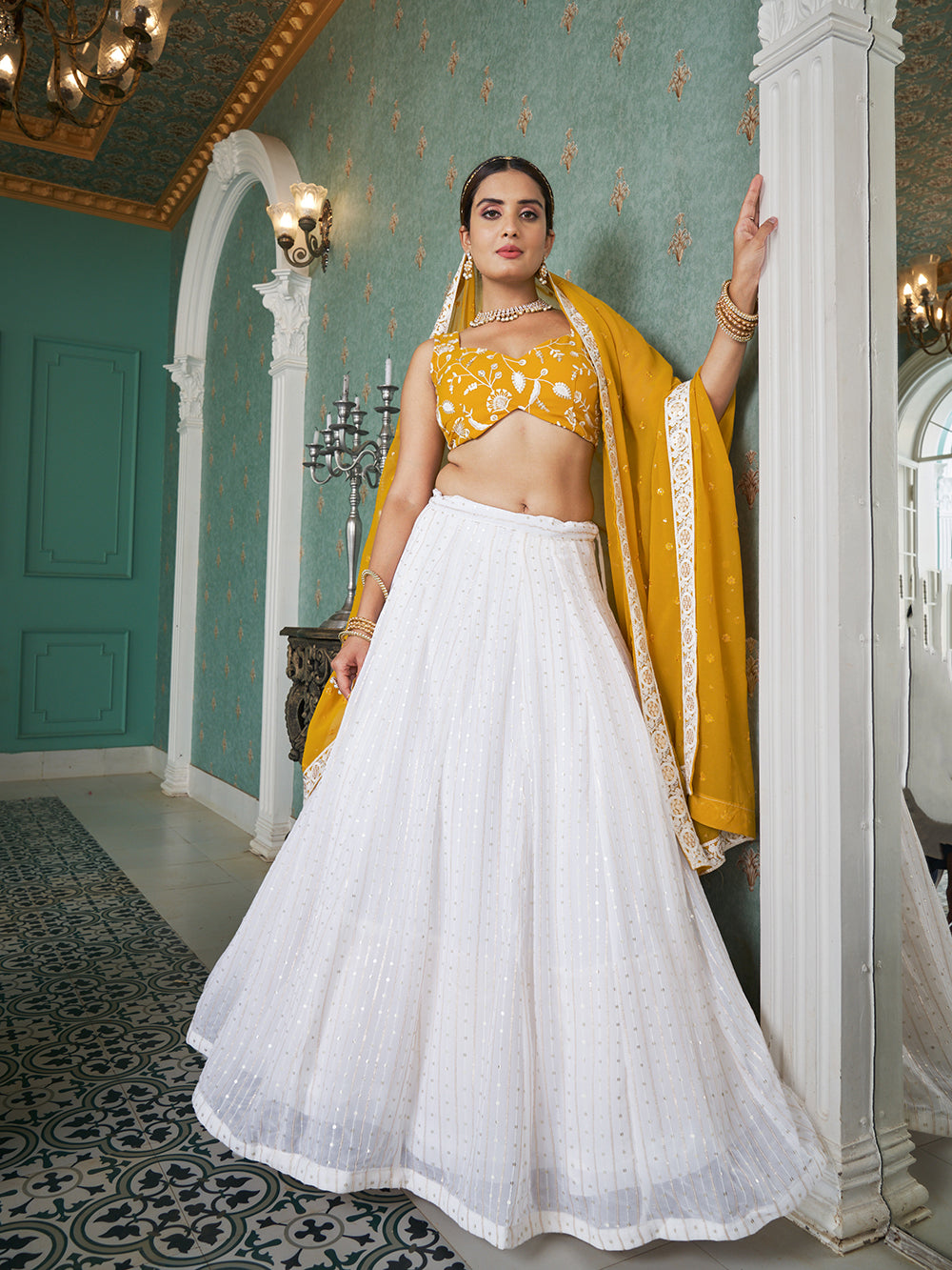 White Color Sequins Embroidery Georgette Lehenga Choli Clothsvilla