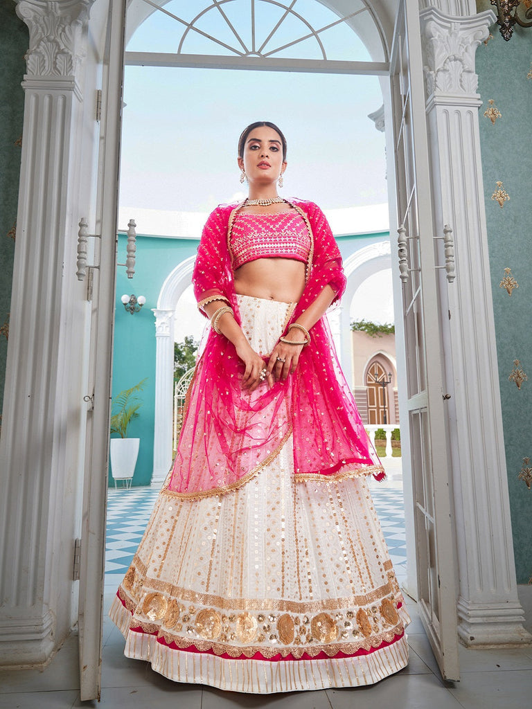 White Color Sequins Embroidery Work Georgette Lehenga Choli Clothsvilla