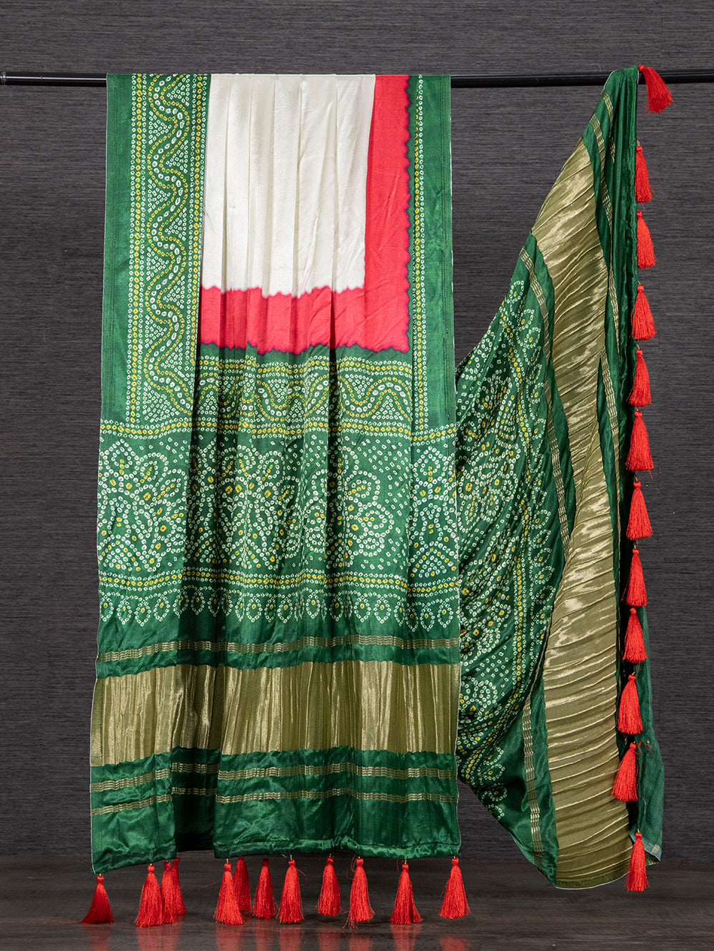 White Color Pure Gaji Silk Bandhani Printed Dupatta With Tassels Clothsvilla