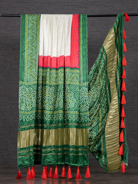 White Color Pure Gaji Silk Bandhani Printed Dupatta With Tassels Clothsvilla Main image