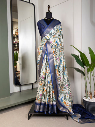 White Color Printed With Zari Border Dola Silk Saree Clothsvilla