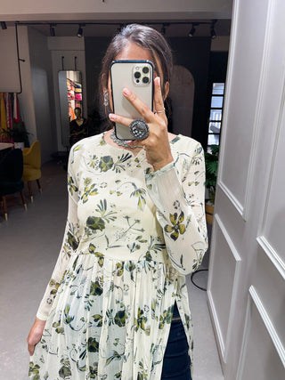White Color Floral Printed Chiffon Naira Cut Kurti Clothsvilla