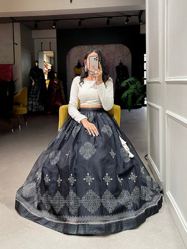 Black Color Digital Print Cora Chex Zari Border Co-Ord Set Lehenga Choli ClothsVilla.com
