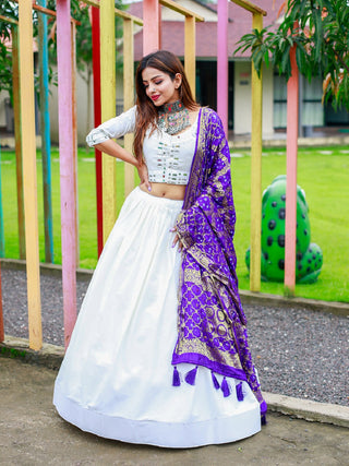 White Color Plain Cotton Lehenga Choli With Bandhej Dupatta Clothsvilla