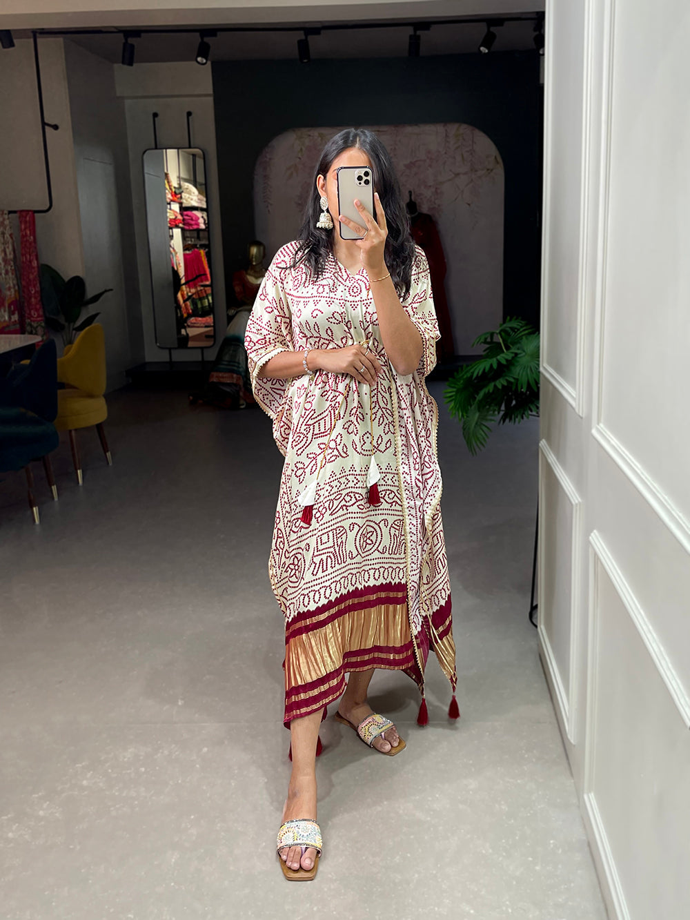 White Color Bandhej Print With Gotta Patti Lace Border Gaji Silk Kaftan ClothsVilla.com