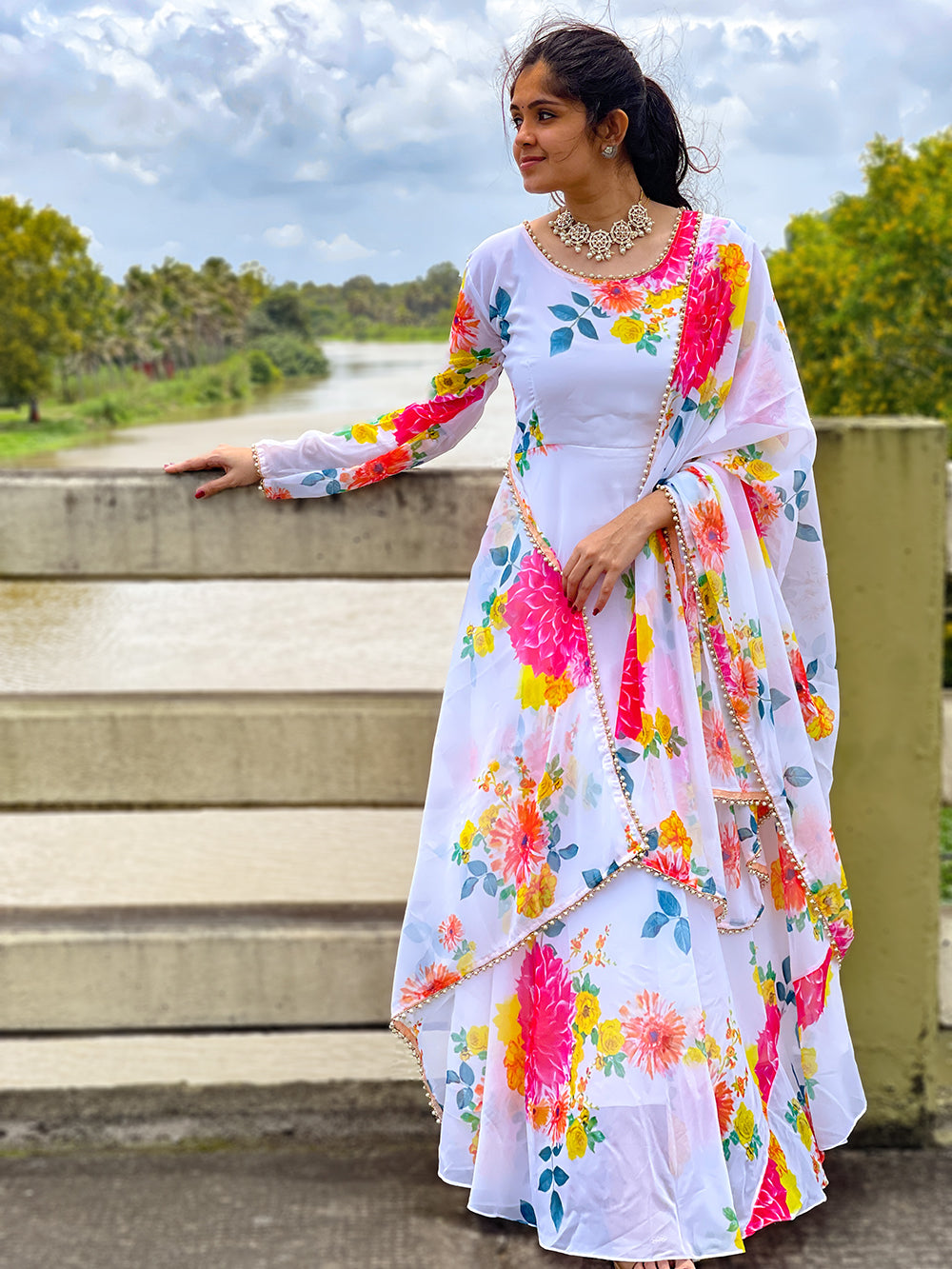 White Color Digital Floral Printed Georgette Gown Clothsvilla