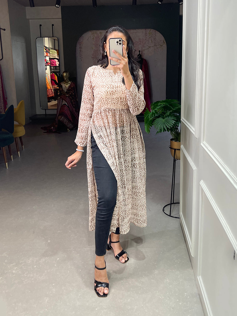 White Color Animal Print Chiffon Kurti Clothsvilla