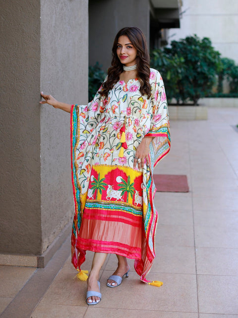 White Color Digital Printed Pure Gaji Silk Kaftan Dresses Clothsvilla Main image