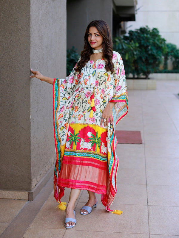 White Color Digital Printed Pure Gaji Silk Kaftan Dresses Clothsvilla