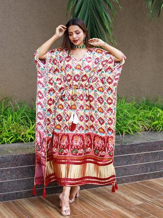 White Color Bandhej Digital Print Pure Gaji Silk Kaftan Clothsvilla