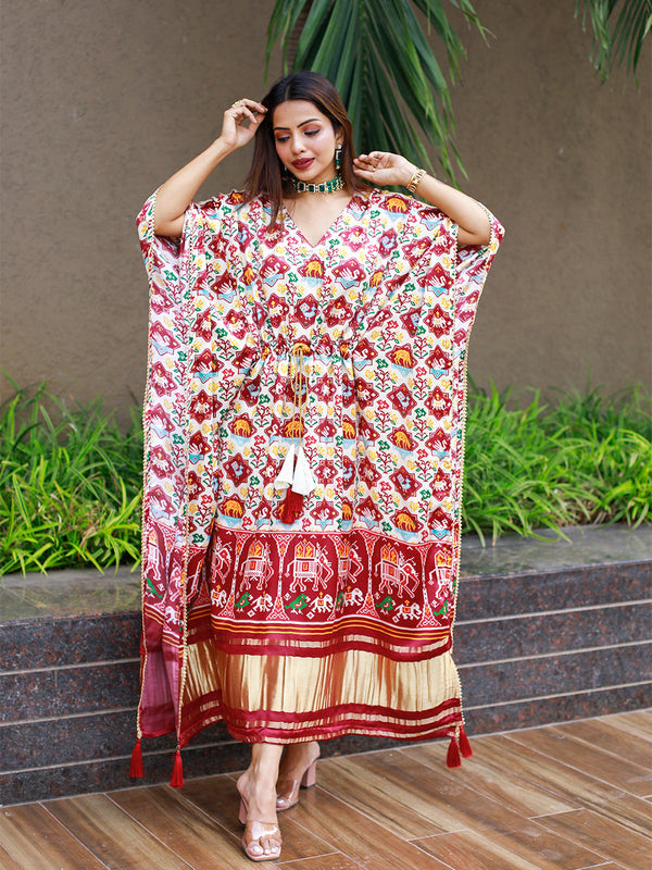 White Color Bandhej Digital Print Pure Gaji Silk Kaftan Clothsvilla
