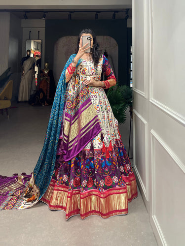 White Color Digital Printed With Lagadi Patta Gaji Silk Lehenga Choli Clothsvilla