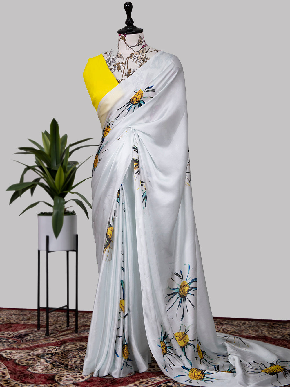 White Color Digital Printed Japan Satin Silk Saree Clothsvilla