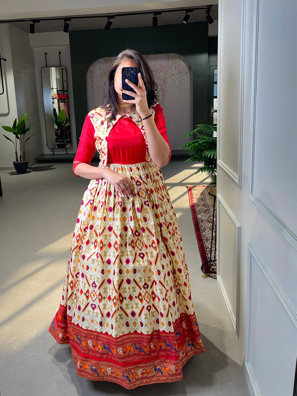 White Color Patola Paithani Printed And Foil Printed Dola Silk Dress Clothsvilla
