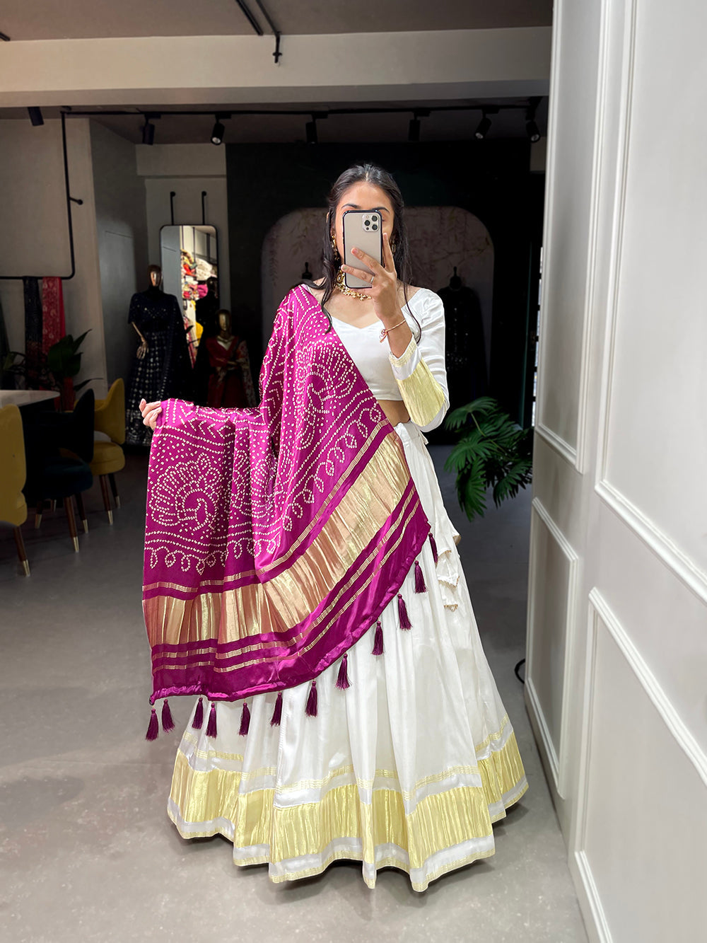 White Color Dyeing With Lagdi Patta Gaji Silk Lehenga Choli ClothsVilla.com