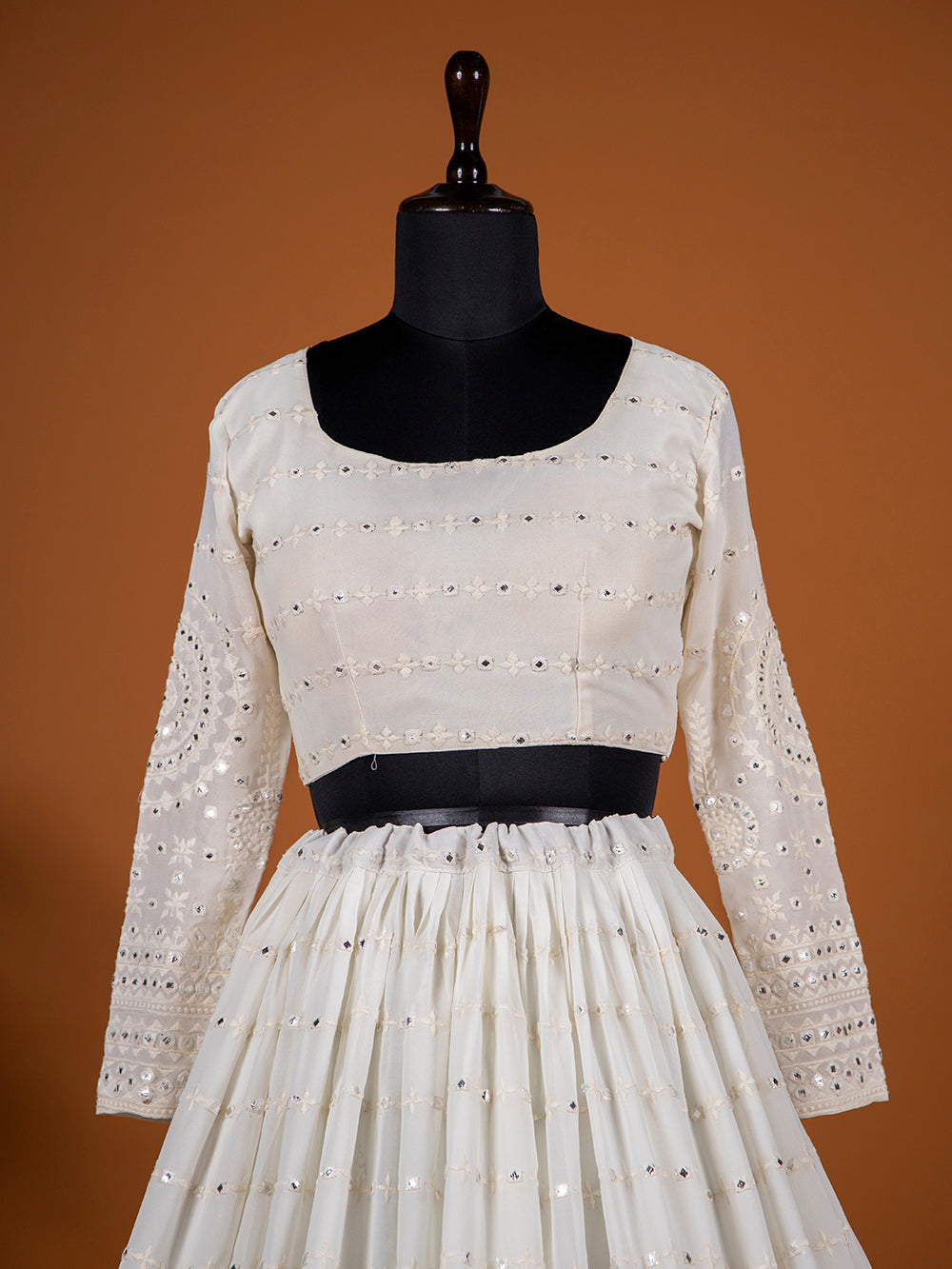 White Color Lucknowi Paper Mirror Work Georgette Lehenga Choli Clothsvilla