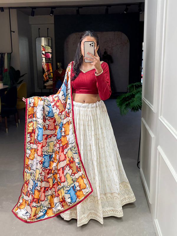 White Color Sequins And Thread Embroidery Work Georgette Lehenga Choli ClothsVilla.com