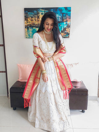White Color Lucknowi Sequins & Paper Mirror Work Georgette Lehenga Choli Sets Clothsvilla