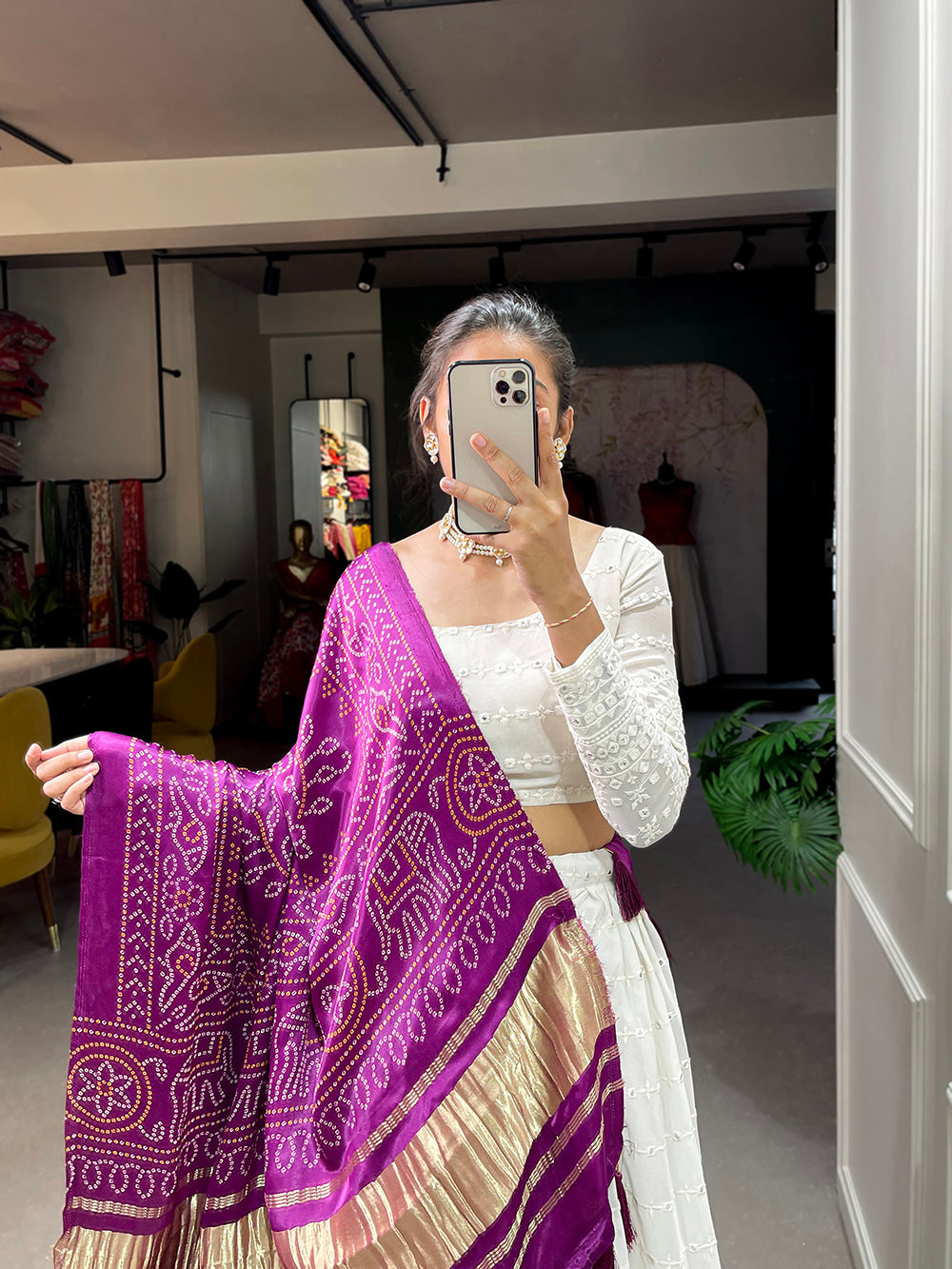 White Color Lucknowi Paper Mirror Work Georgette lehenga Choli ClothsVilla.com