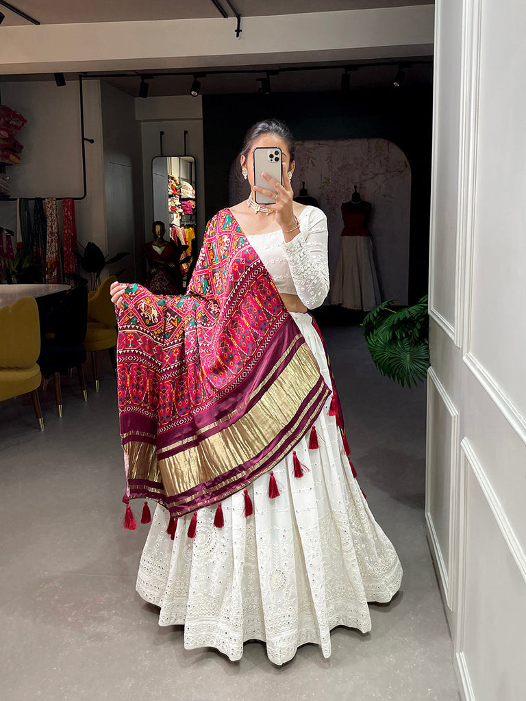 White Color Lucknowi Paper Mirror Work Georgette lehenga Choli ClothsVilla.com