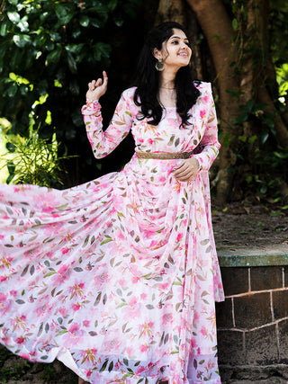 White Color Digital Printed Georgette Gown Clothsvilla