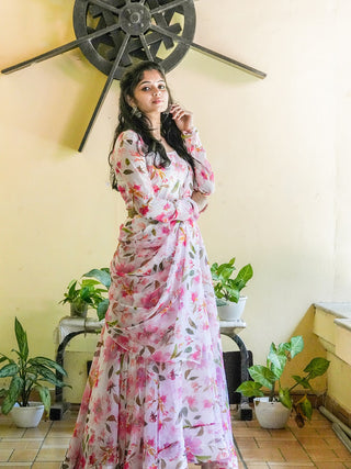 White Color Digital Printed Georgette Gown Clothsvilla