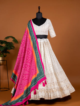 White Color Sequins & Thread Embroidery Work Georgette Lehenga Clothsvilla