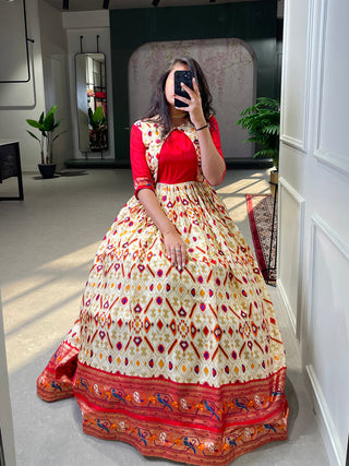 White Color Patola Paithani Printed And Foil Printed Dola Silk Dress Clothsvilla