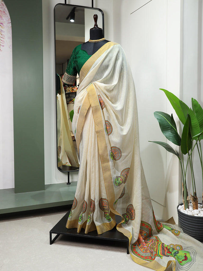 Kathak Design Printed Kasavu Zari Border Saree Clothsvilla