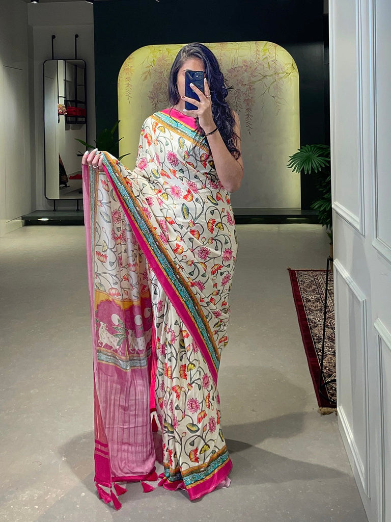 White Color Patola Printed Pure Gaji Silk Saree Clothsvilla