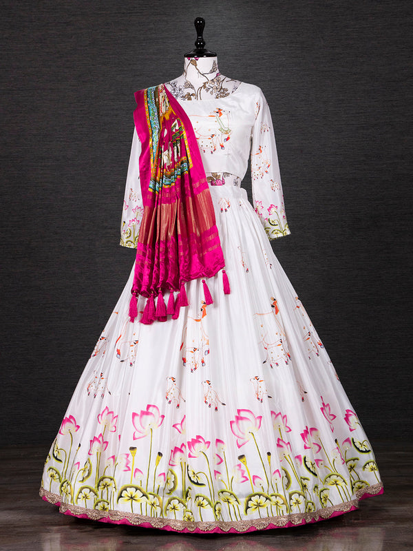 White Color Printed Silk Lehenga Choli With Dupatta Clothsvilla