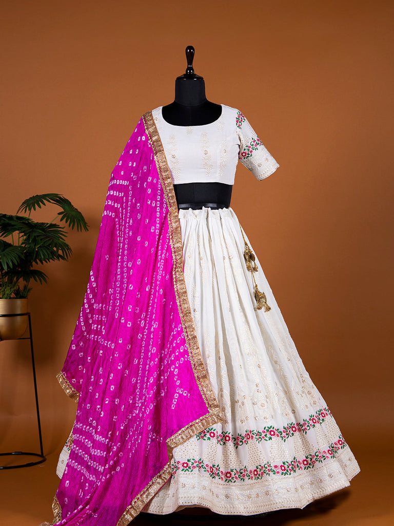 Pink Color Lucknowi Embroidery Work Georgette Lehenga Set With Bandhej Silk Dupatta Clothsvilla