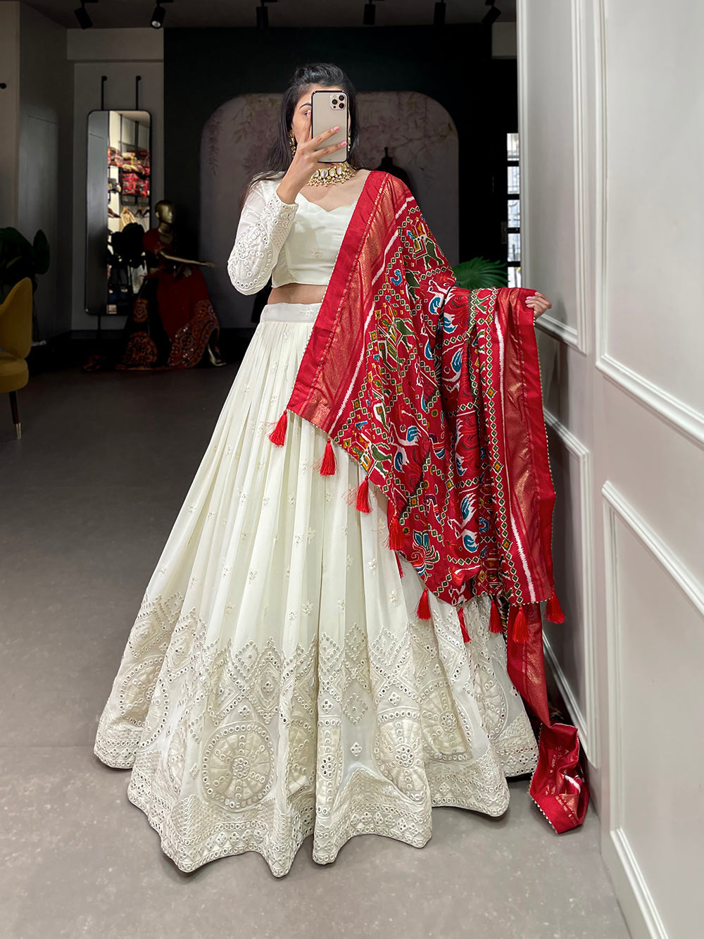 White Color Lucknowi Paper Mirror Work Georgette lehenga Choli ClothsVilla.com