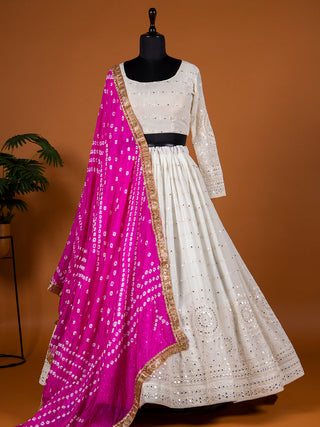 White Color Lucknowi Paper Mirror Work Georgette Lehenga Choli Clothsvilla