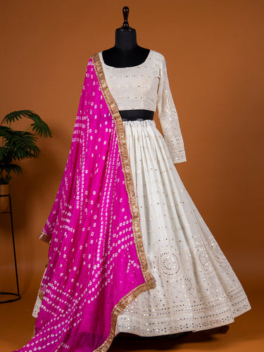 White Color Lucknowi Paper Mirror Work Georgette Lehenga Choli Clothsvilla