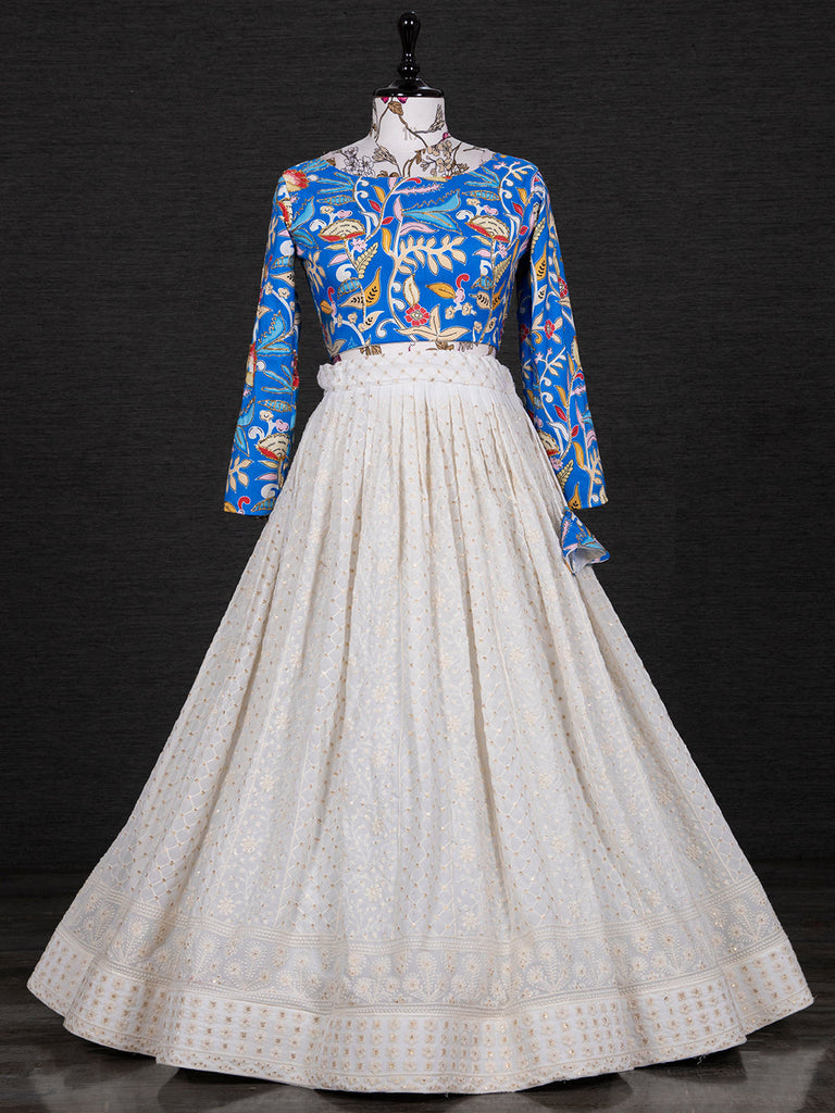 White Color Lucknowi Sequins Embroidery Work Lehenga With Crop Top Clothsvilla