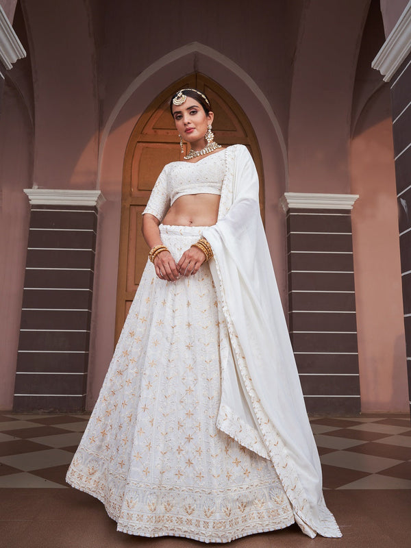 White Color Lucknowi With Sequins Work Georgette Lehenga Choli Clothsvilla