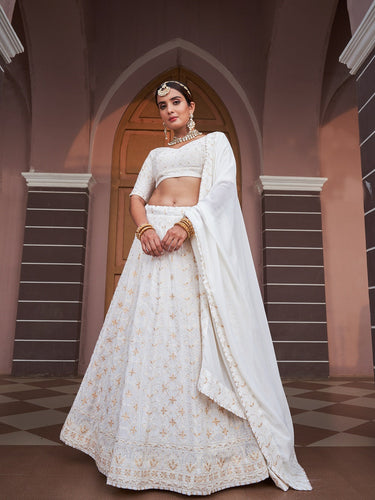 White Color Lucknowi With Sequins Work Georgette Lehenga Choli Clothsvilla