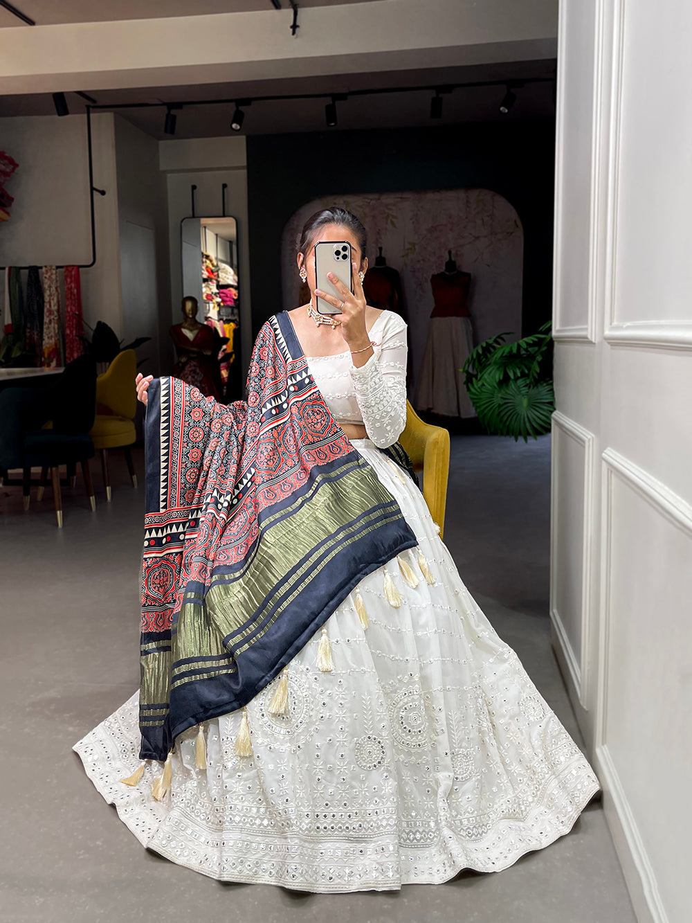 White Color Lucknowi Paper Mirror Work Georgette lehenga Choli ClothsVilla.com