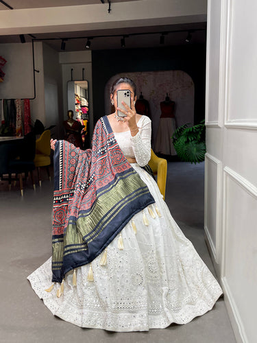 White Color Lucknowi Paper Mirror Work Georgette lehenga Choli ClothsVilla.com